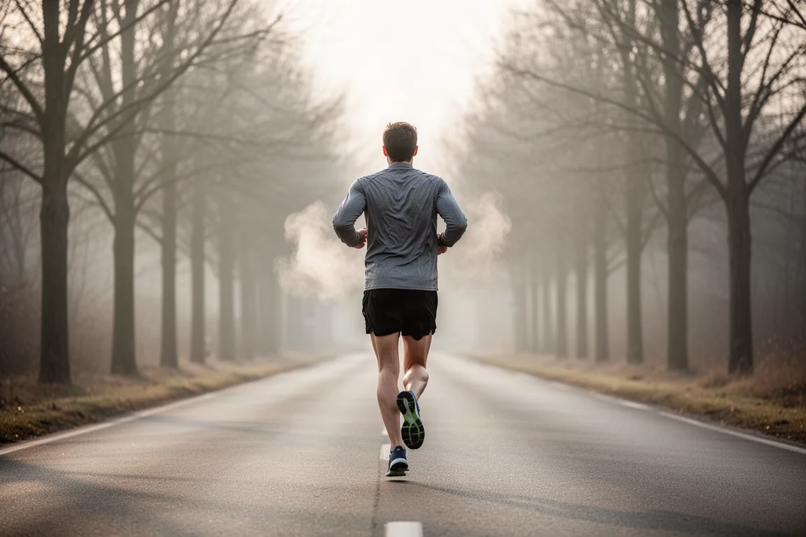 Runner easing into a relaxed easy mile on a quiet road in soft morning light