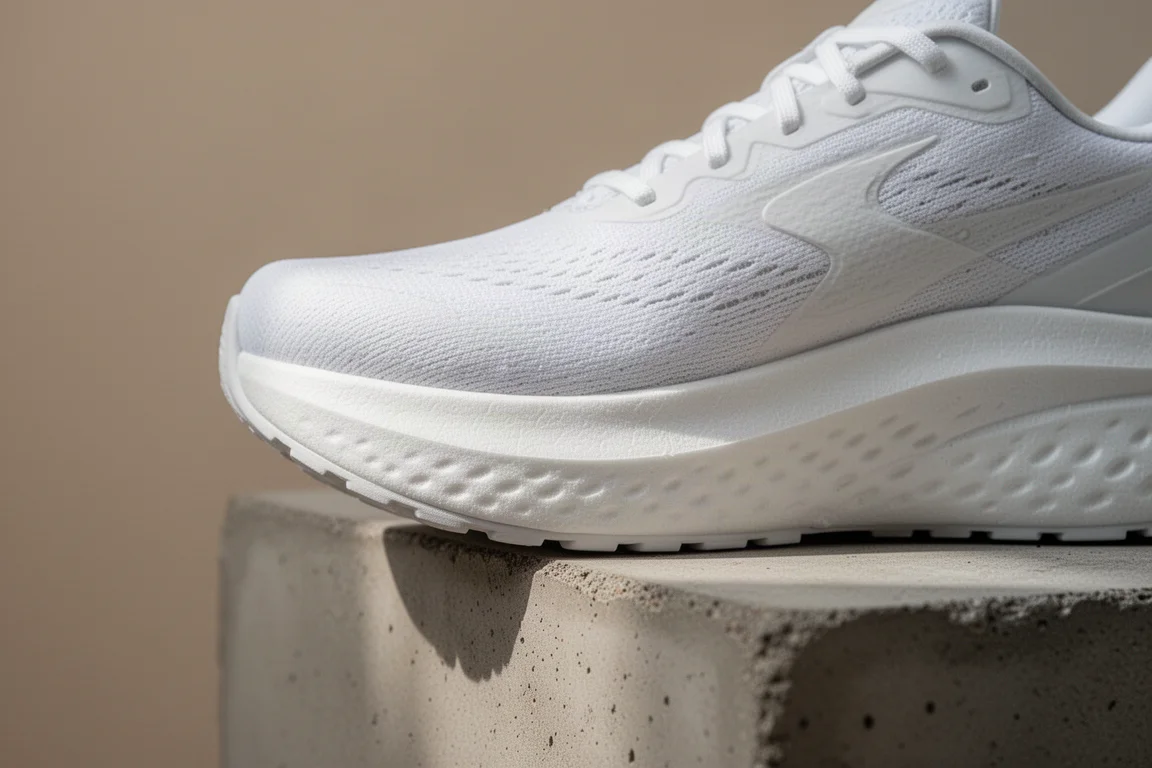 Close-up of a cushioned running shoe midsole compressed slightly on a concrete step