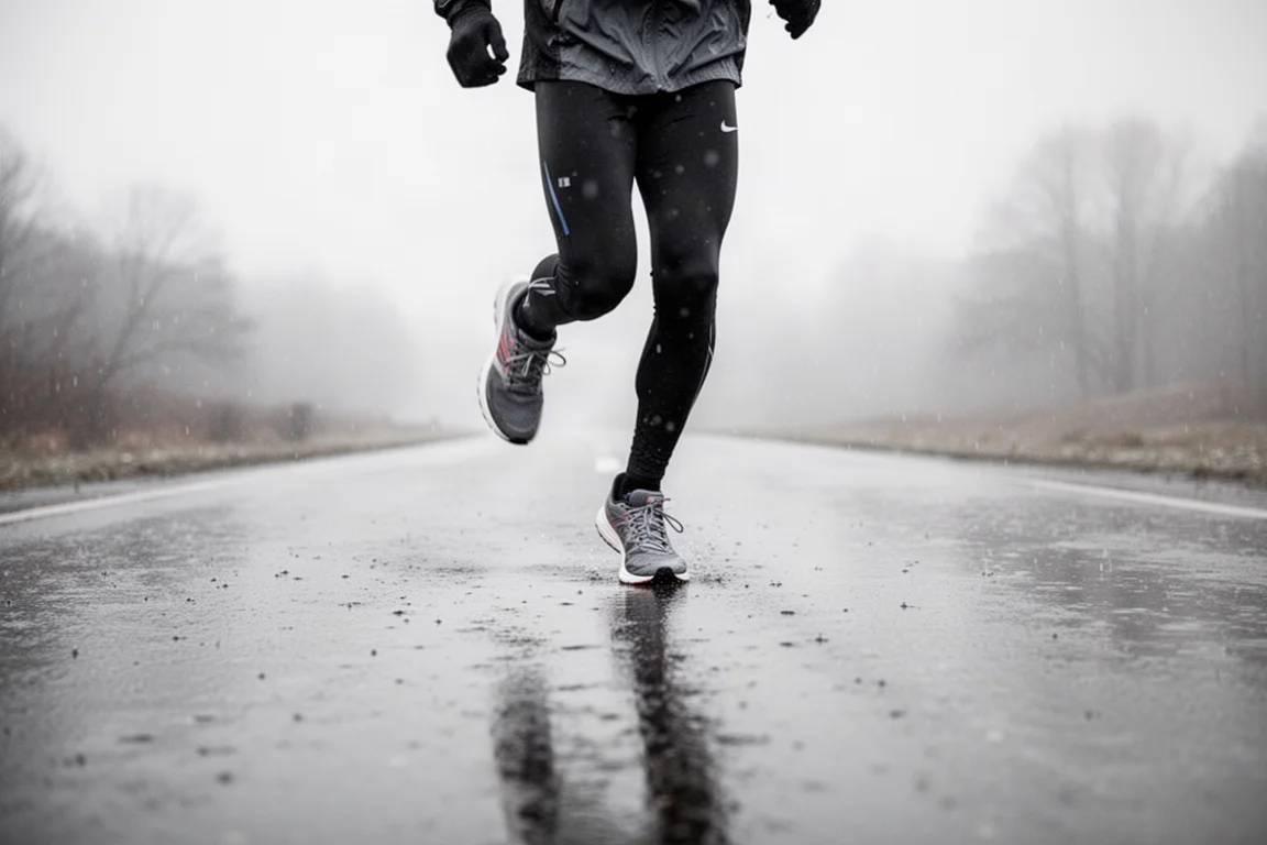 Runner completing a long wet-weather run on a rain-soaked road in winter