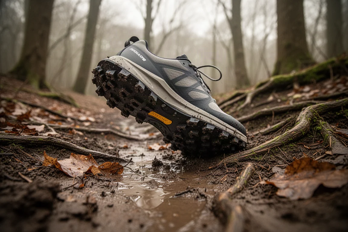 Lugged trail shoe outsole gripping a muddy, root-strewn forest path