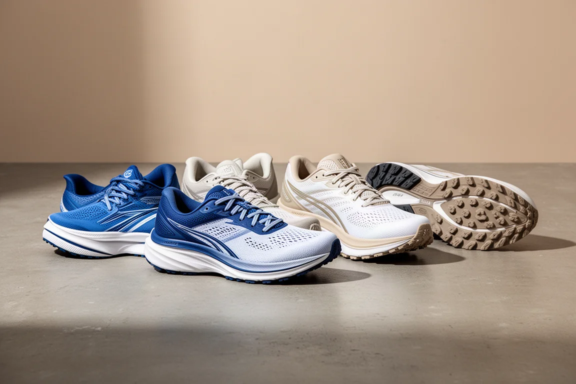 Six cushioned running shoes arranged in a row on a concrete surface