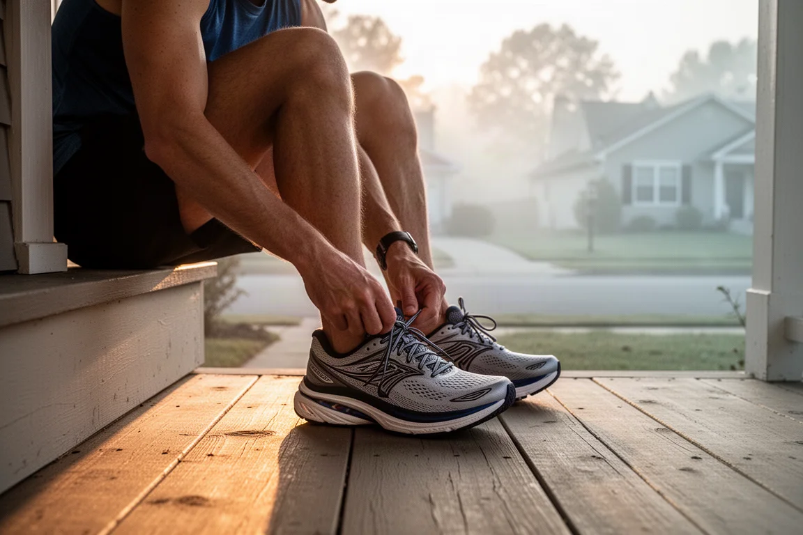 明け方のポーチでランナーがクッション性のあるランニングシューズの紐を結んでいる
