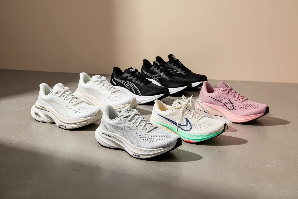 A collection of modern running shoes arranged on a matte concrete surface