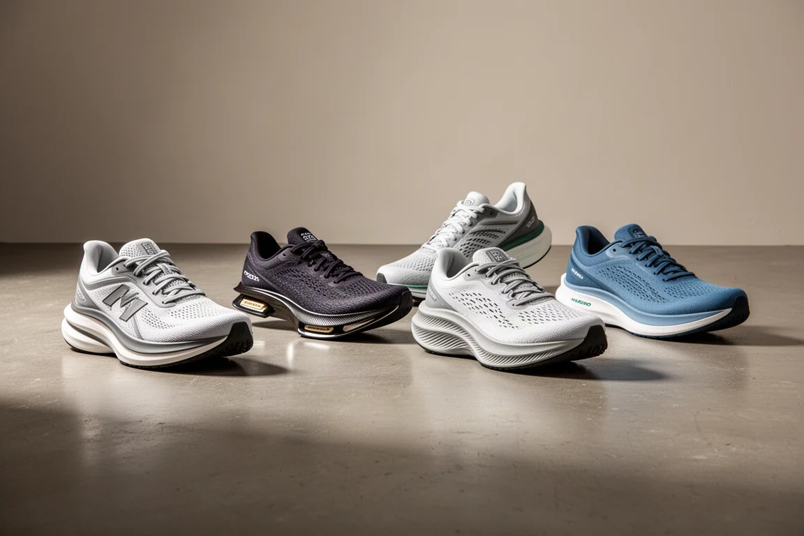 Cinque scarpe da running di diversi stili allineate su un pavimento di cemento in studio