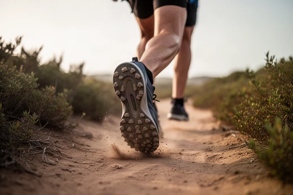 Trailrunner auf einem weichen Waldweg, gut erkennbar die weit auseinanderliegenden Stollen am Schuh