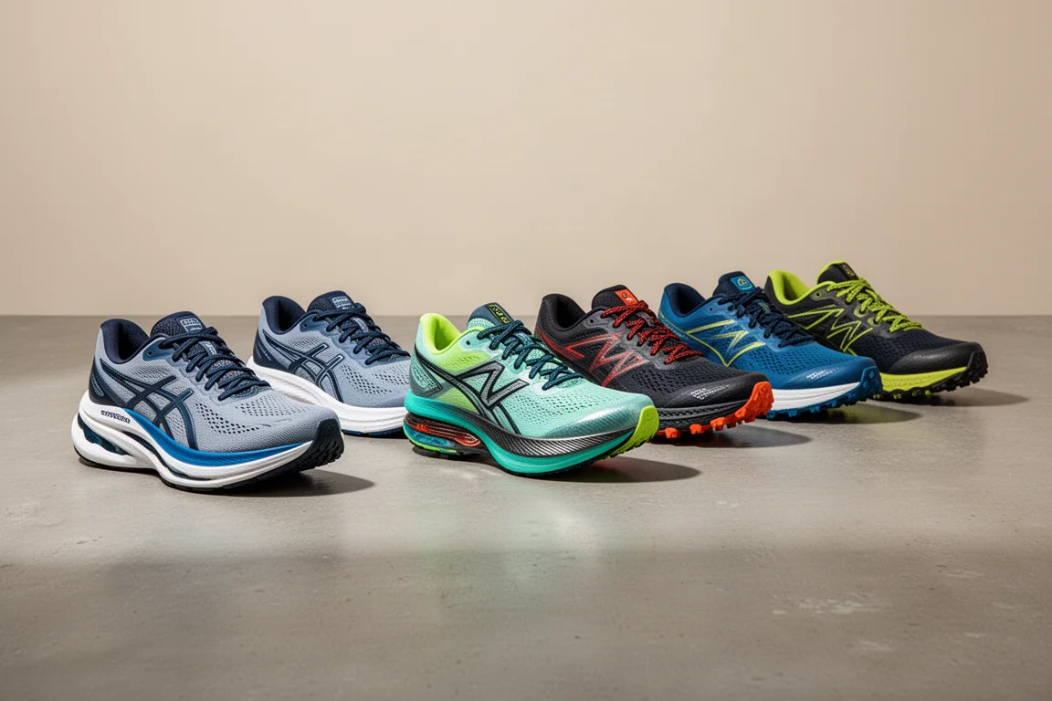 Seven running shoes of different styles lined up on a concrete surface