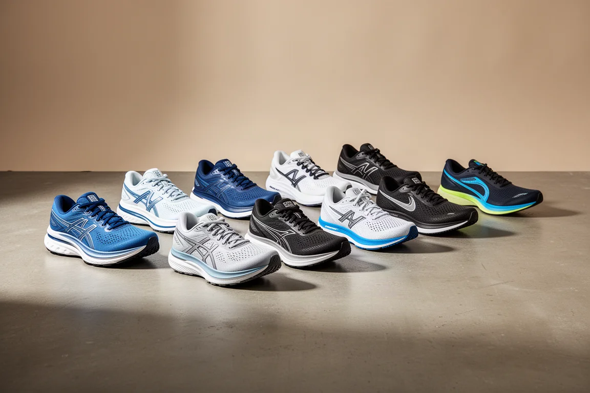 Ten running shoes of varied styles arranged in a row on a concrete studio floor