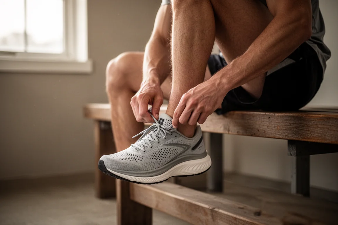 Runner lacing up a lightweight trainer on a wooden floor