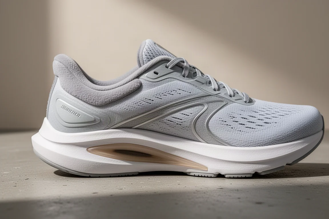 Close-up of a stability running shoe showing medial support structure