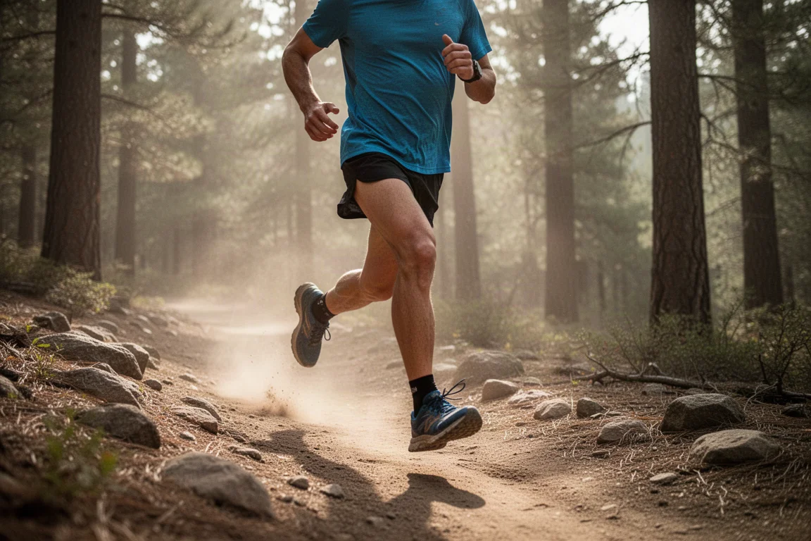 Trail runner crossing a rocky dirt path on a forest trail