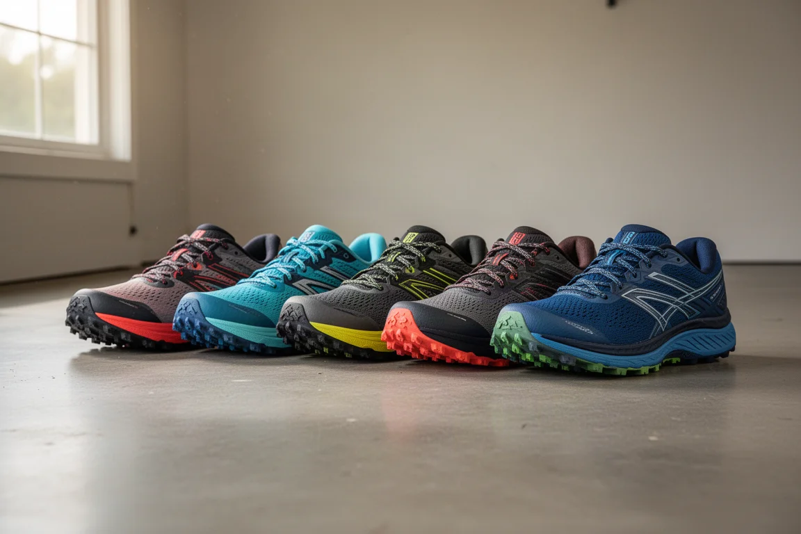 Row of worn and new running shoes lined up on a garage floor