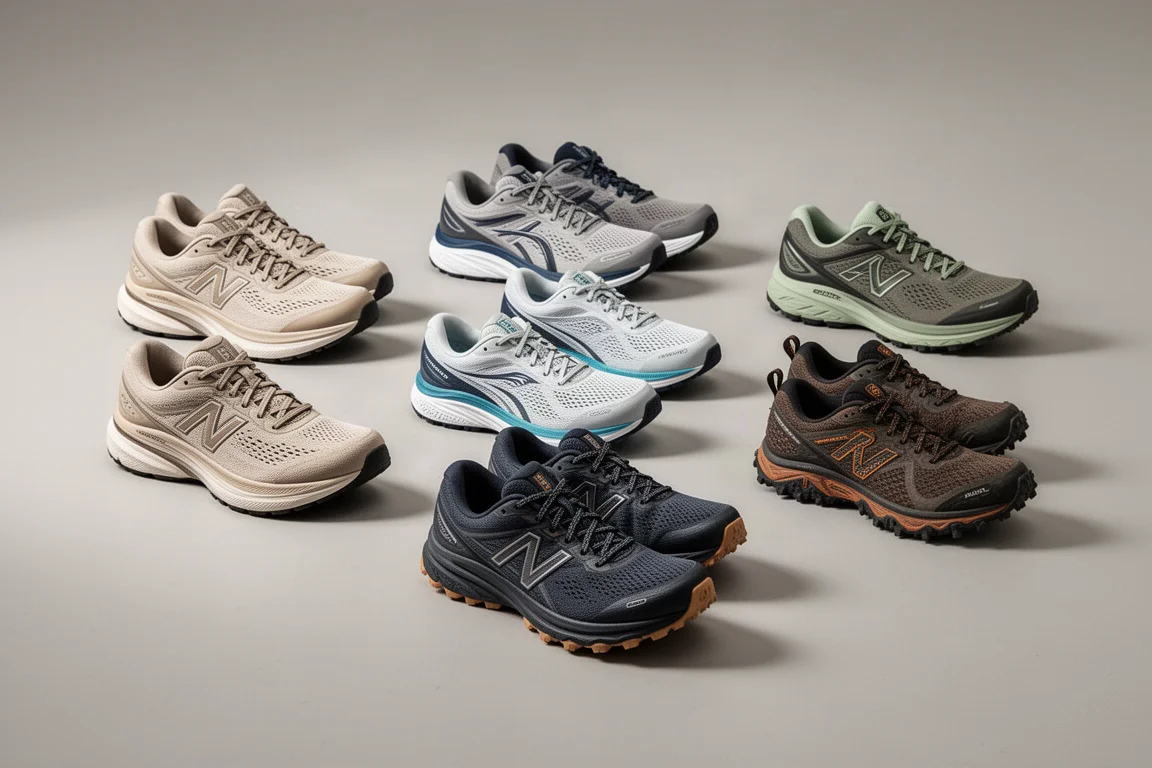 Nine running shoes of varied styles arranged in rows on a grey studio floor