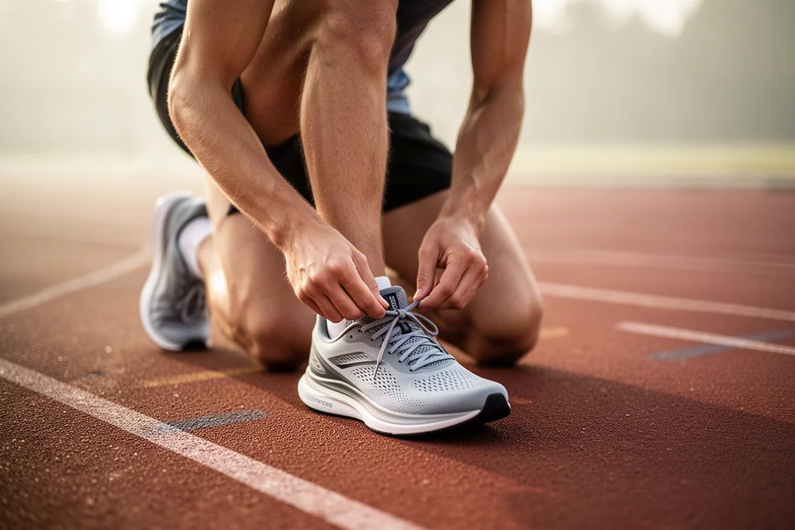 Un coureur lace une chaussure de running légère sur une piste ensoleillée