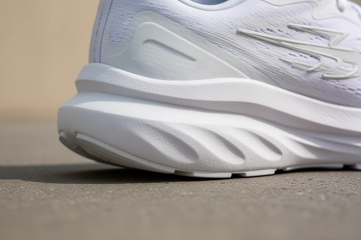 Gros plan sur une semelle intermédiaire épaisse et moelleuse de chaussure de running qui se comprime sur le bitume