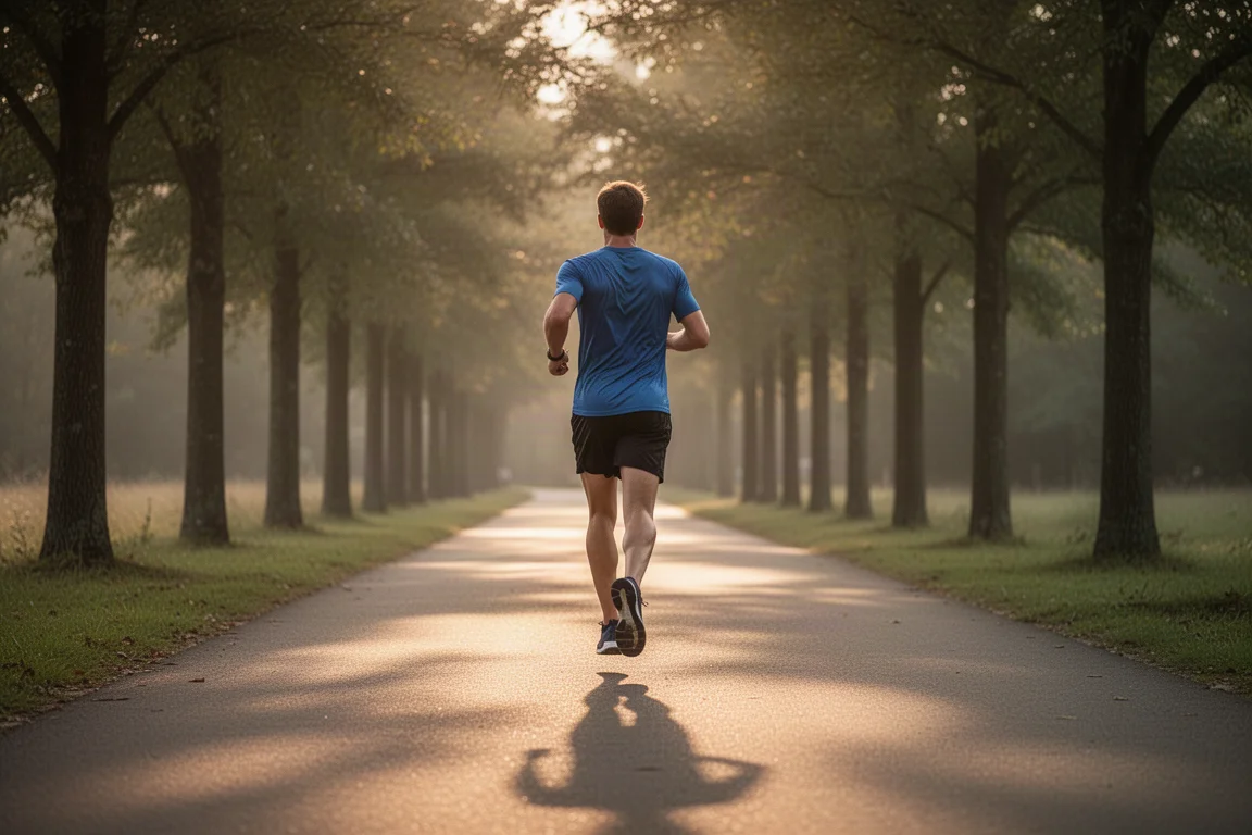 Un coureur avance sur un chemin pavé à une allure tranquille dans une douce lumière de fin de journée