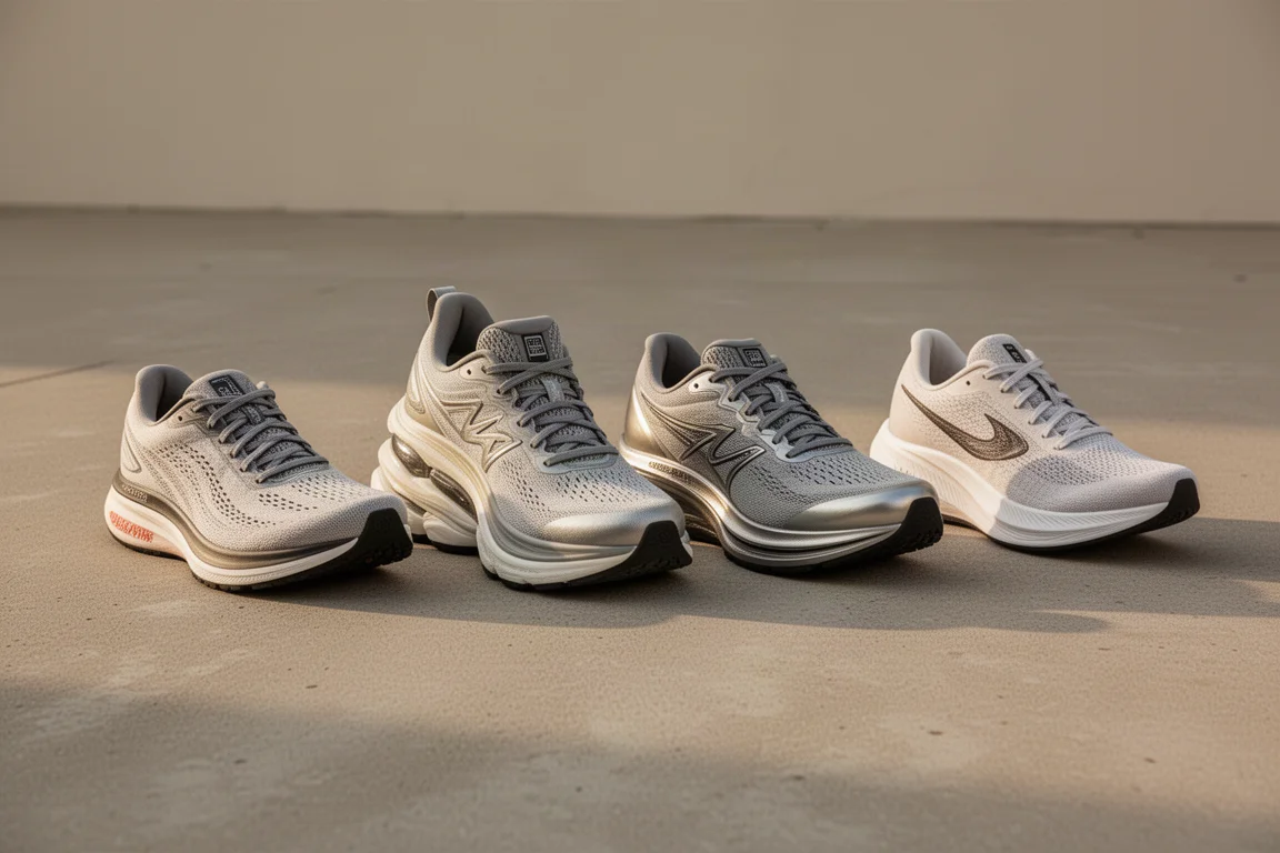 Four running shoes arranged in a row on a concrete surface