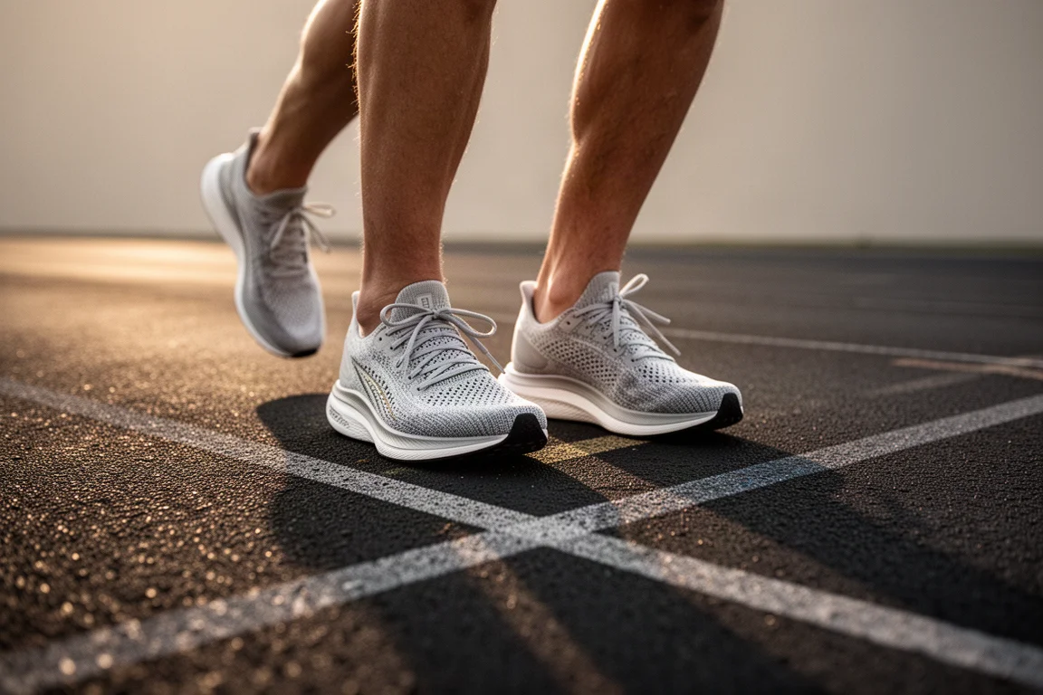Hardloper die de veters van lichte hardloopschoenen strikt naast een atletiekbaan in ochtendlicht