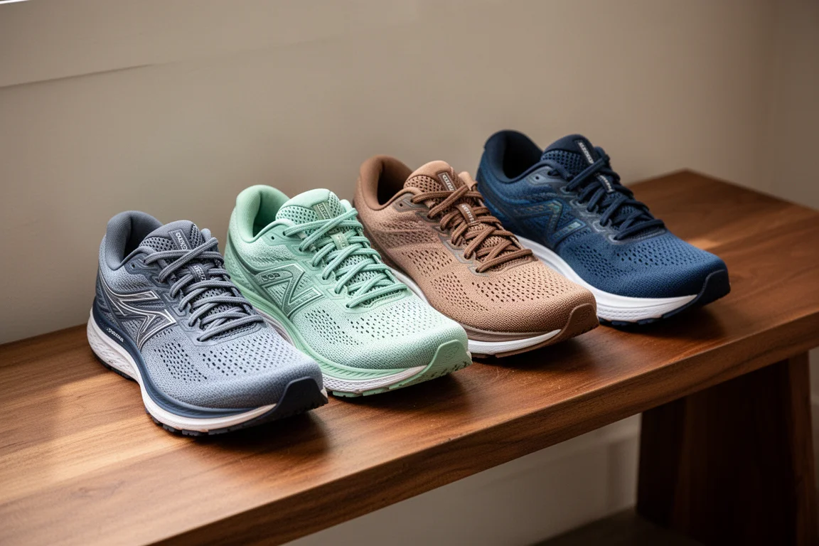 Kleurrijke hardloopschoenen op een rij op een houten bankje