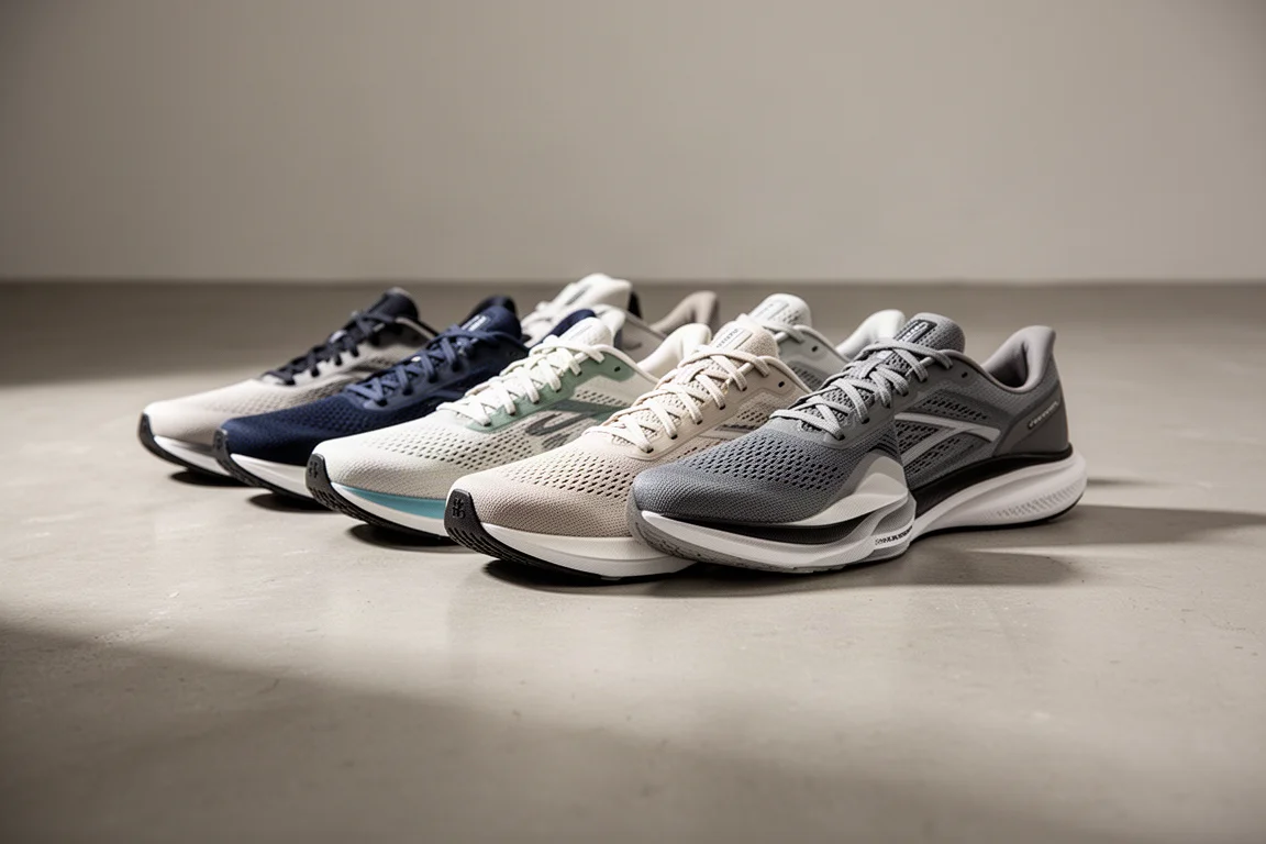 Row of running shoes on a light grey concrete floor