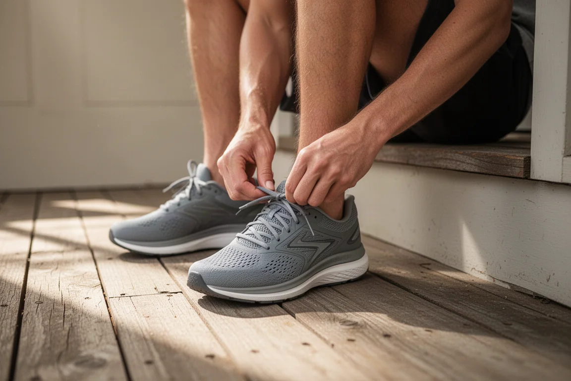 Läufer schnürt auf einer hölzernen Verandastufe die Schnürsenkel eines Laufschuhs