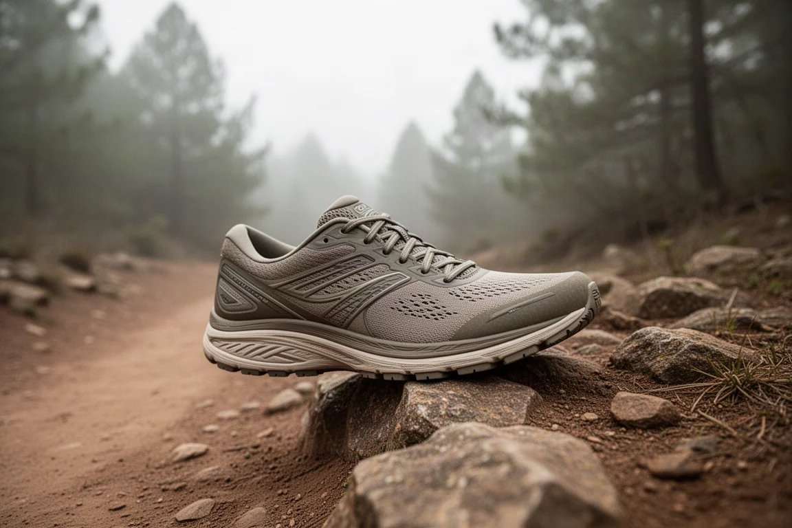 Laufschuh mit weiter Zehenbox steht am Rand eines steinigen Trails