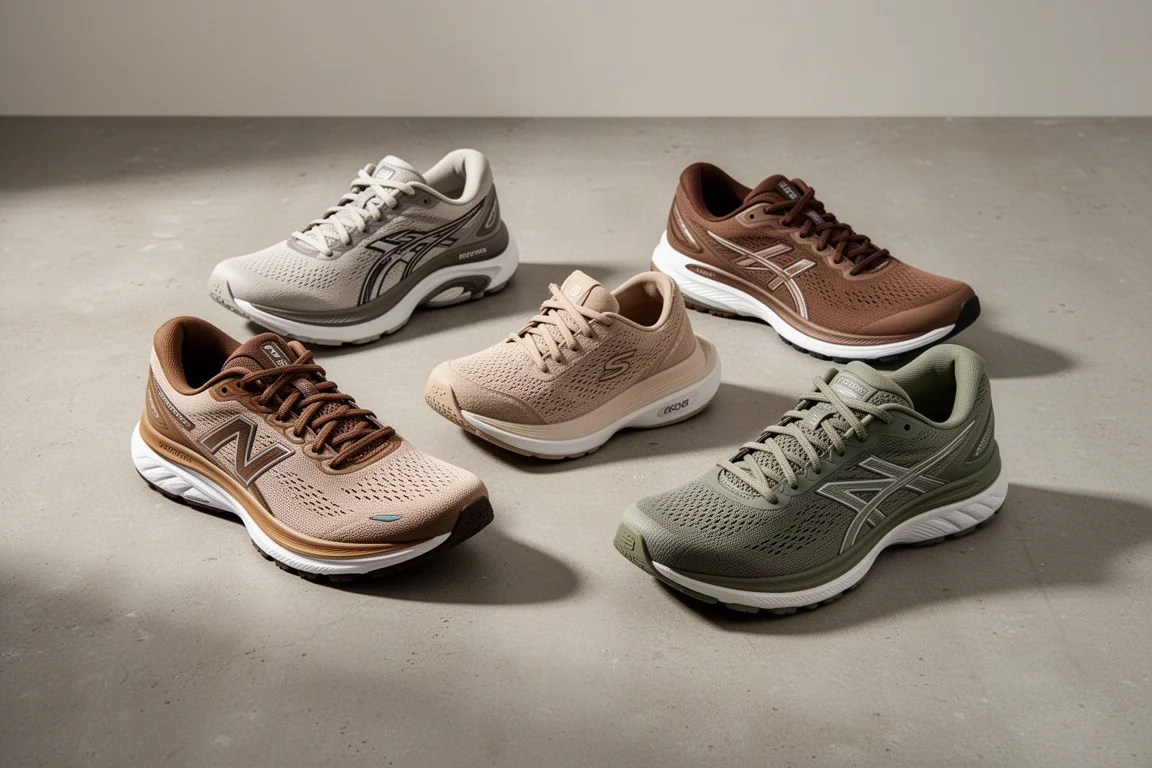 Assortment of running shoes arranged on a concrete surface
