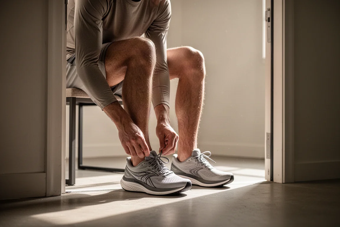 Un corredor se ata los cordones de unas zapatillas de running acolchadas junto a una puerta con la luz de la mañana