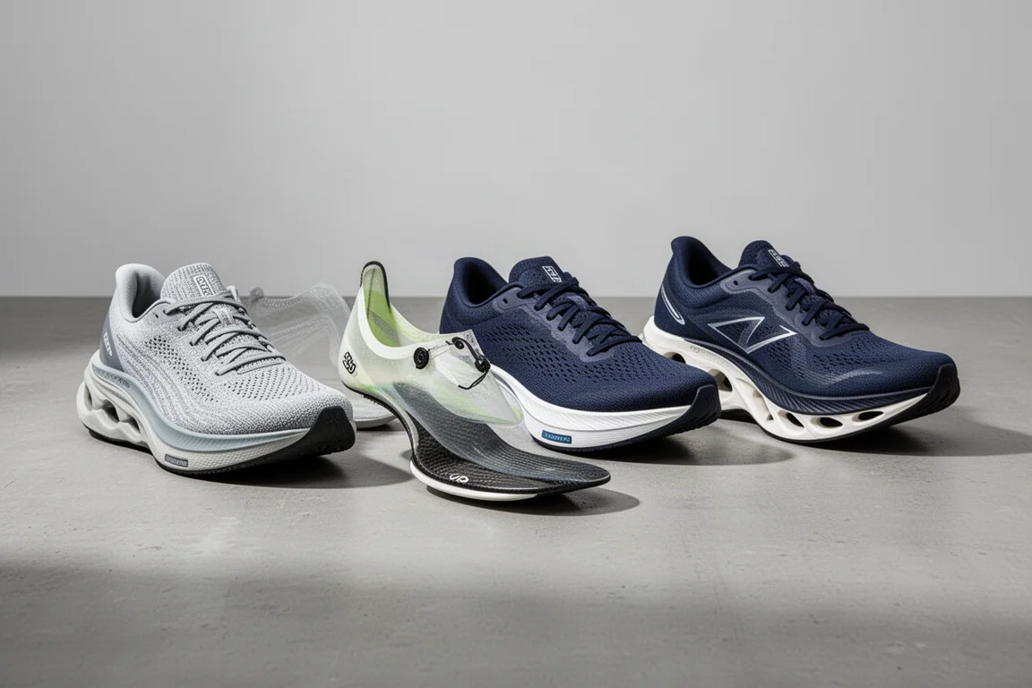 Four running shoes of different styles arranged on a grey concrete surface