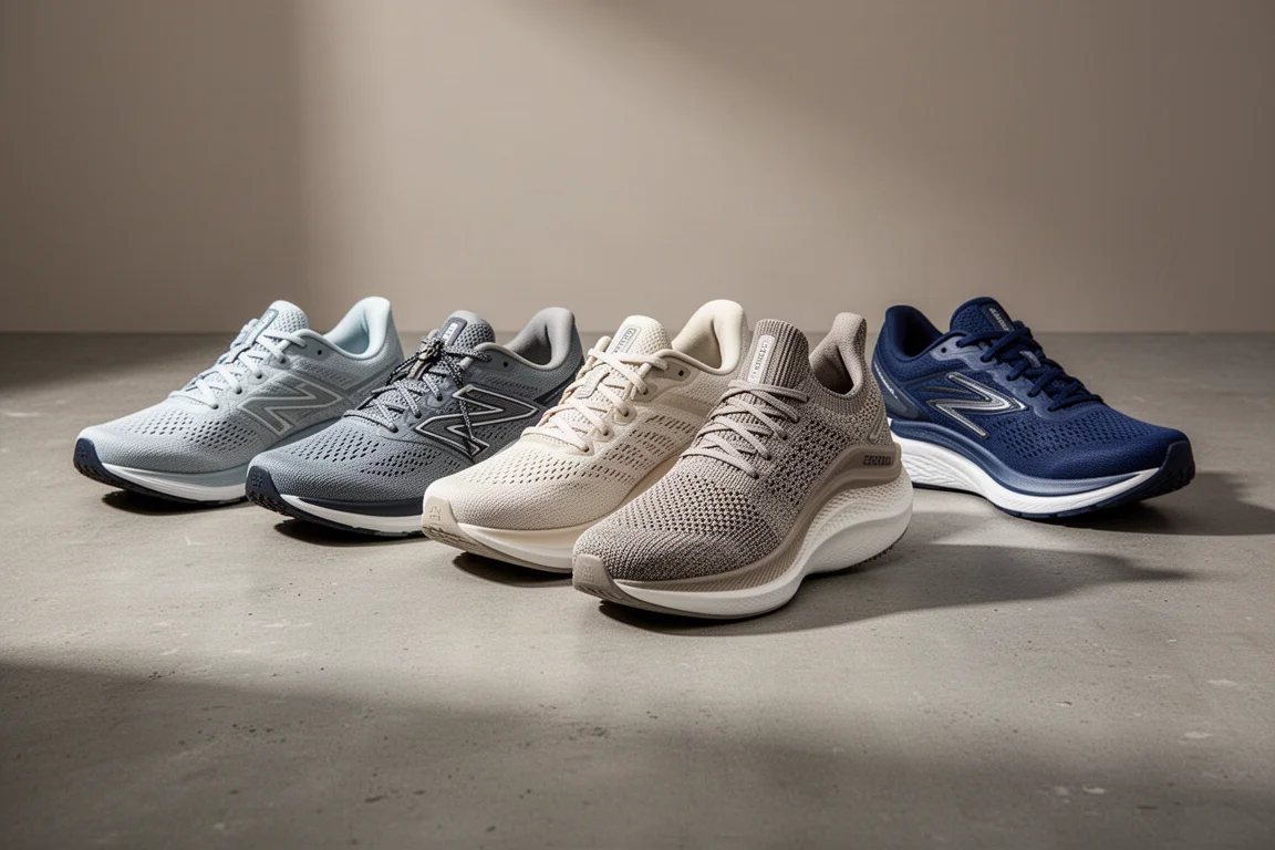 Five running shoes arranged in a row on a concrete surface