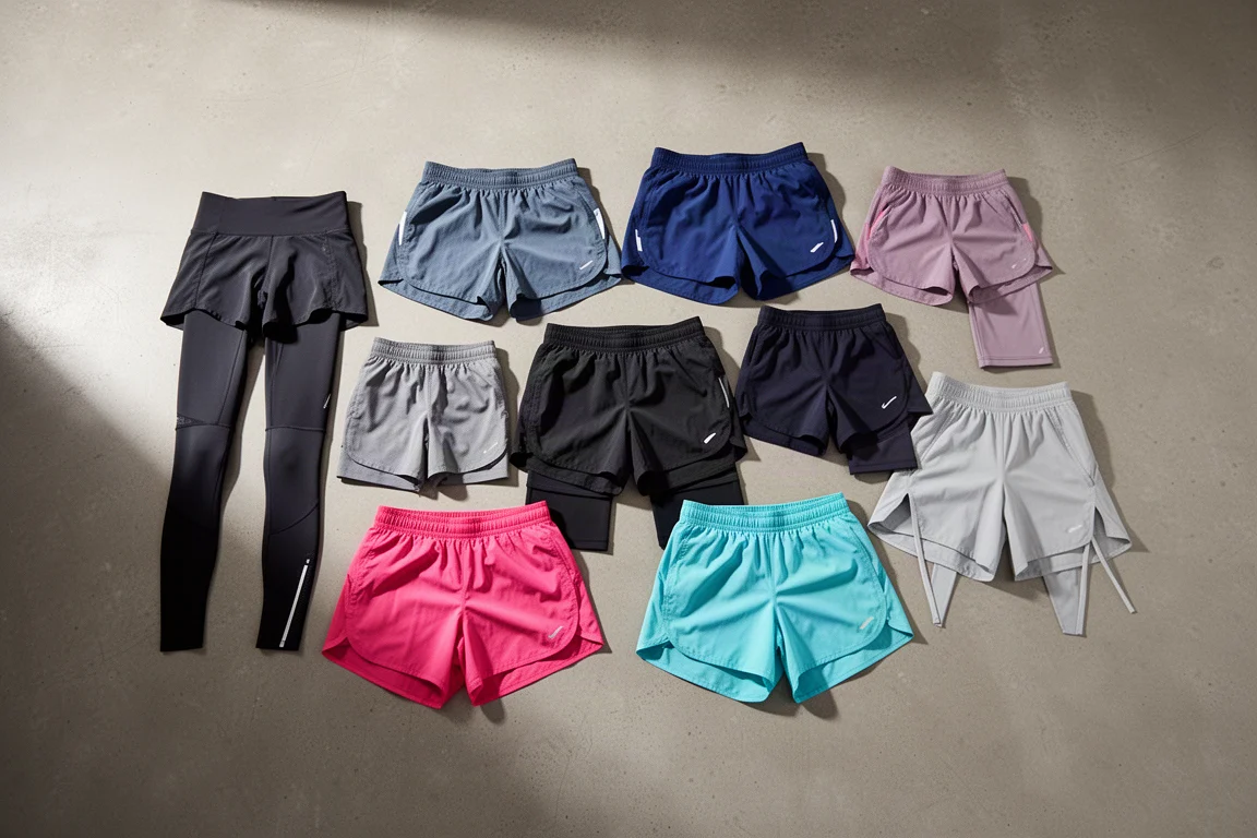 Flat-lay lineup of twelve pairs of running shorts in varied styles and colors