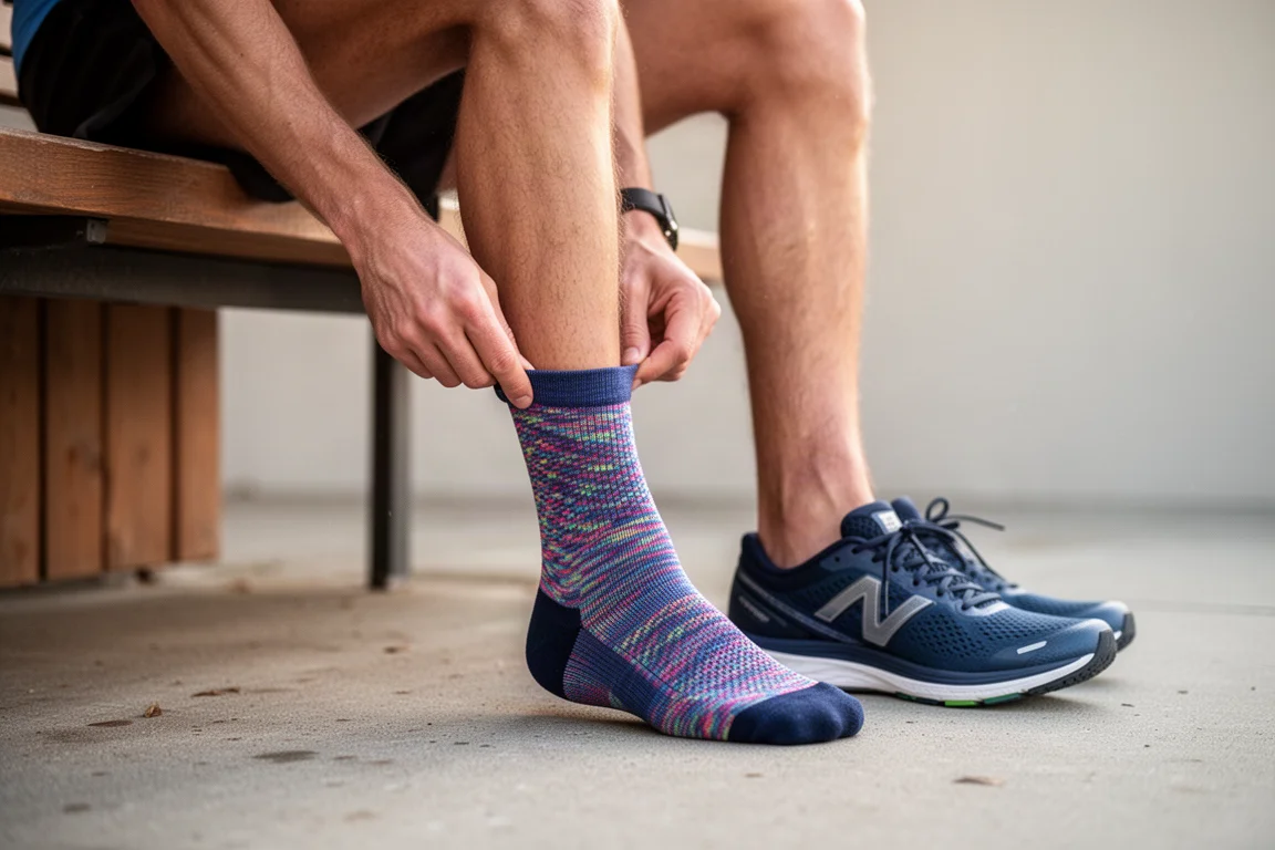 Close-up of a runner pulling on a colourful crew sock before a run