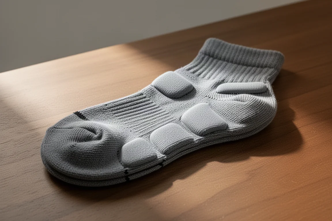 Cushioned crew sock showing padded heel and toe zones in detail