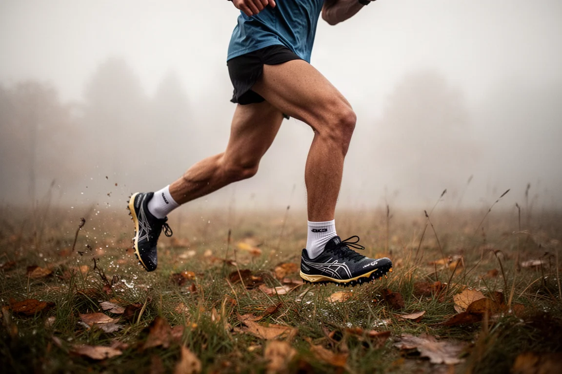 Trail runner crossing a muddy cross-country course in wet grass
