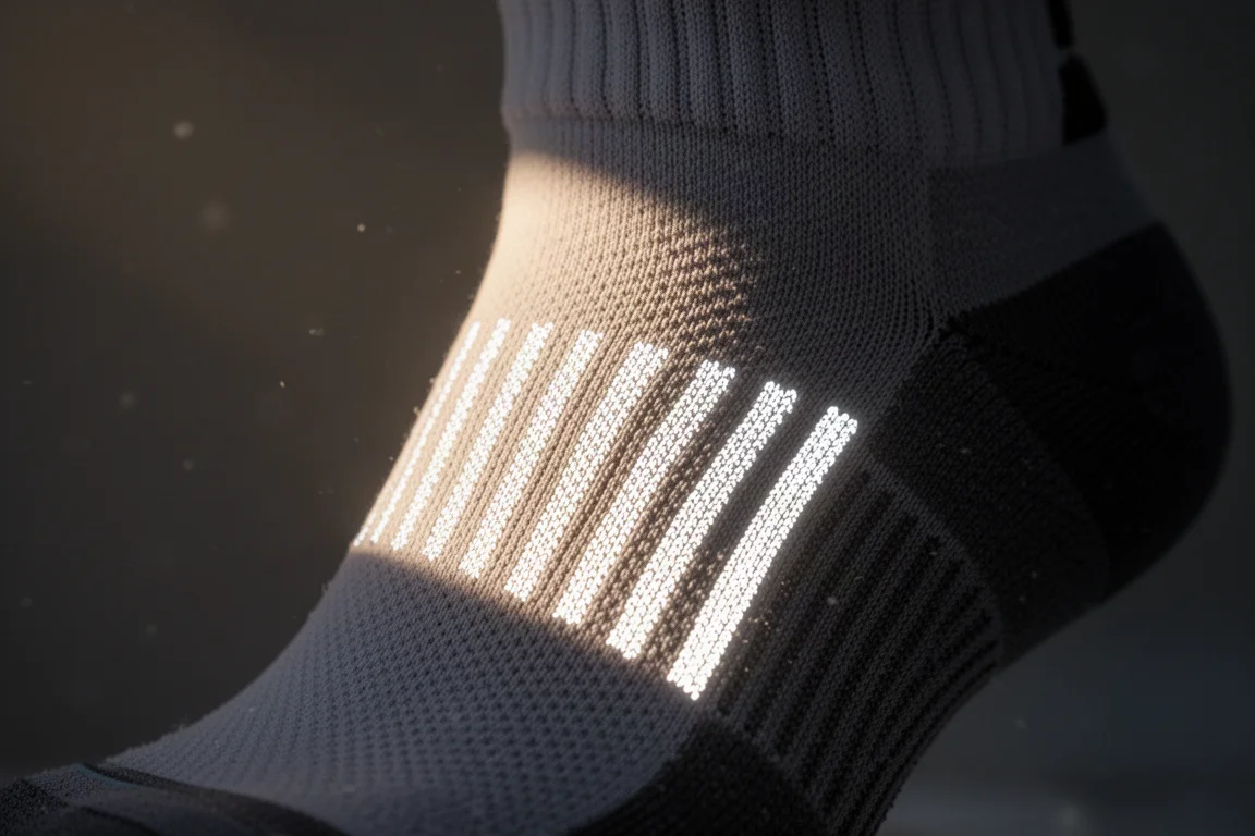 Reflective details on a running sock catching low winter sunlight