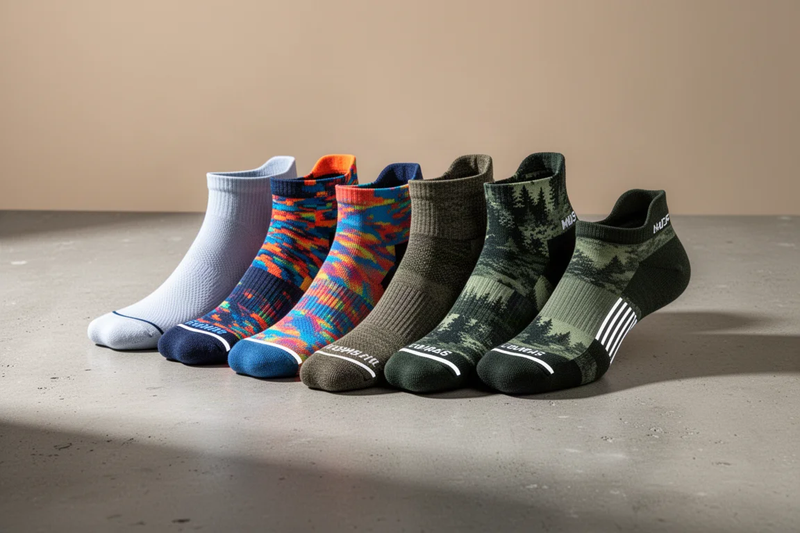 Nine pairs of colourful running socks arranged in a row on a concrete surface