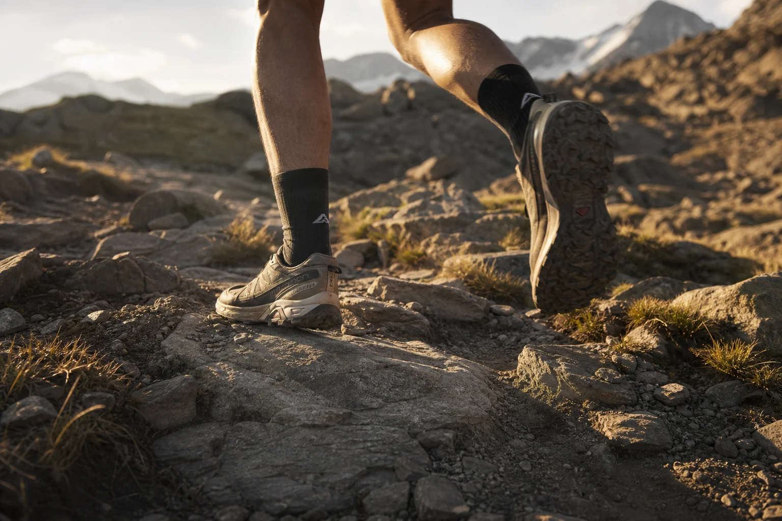 Piedi di un trail runner in movimento su un terreno montuoso roccioso