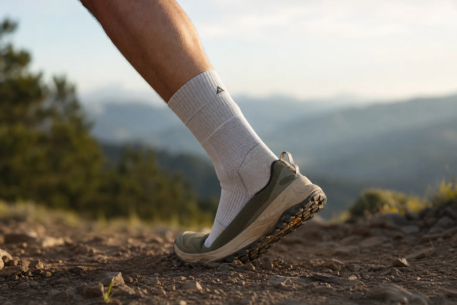 Gamba di un runner che mostra la vestibilità della calza e il supporto alla caviglia durante un trail