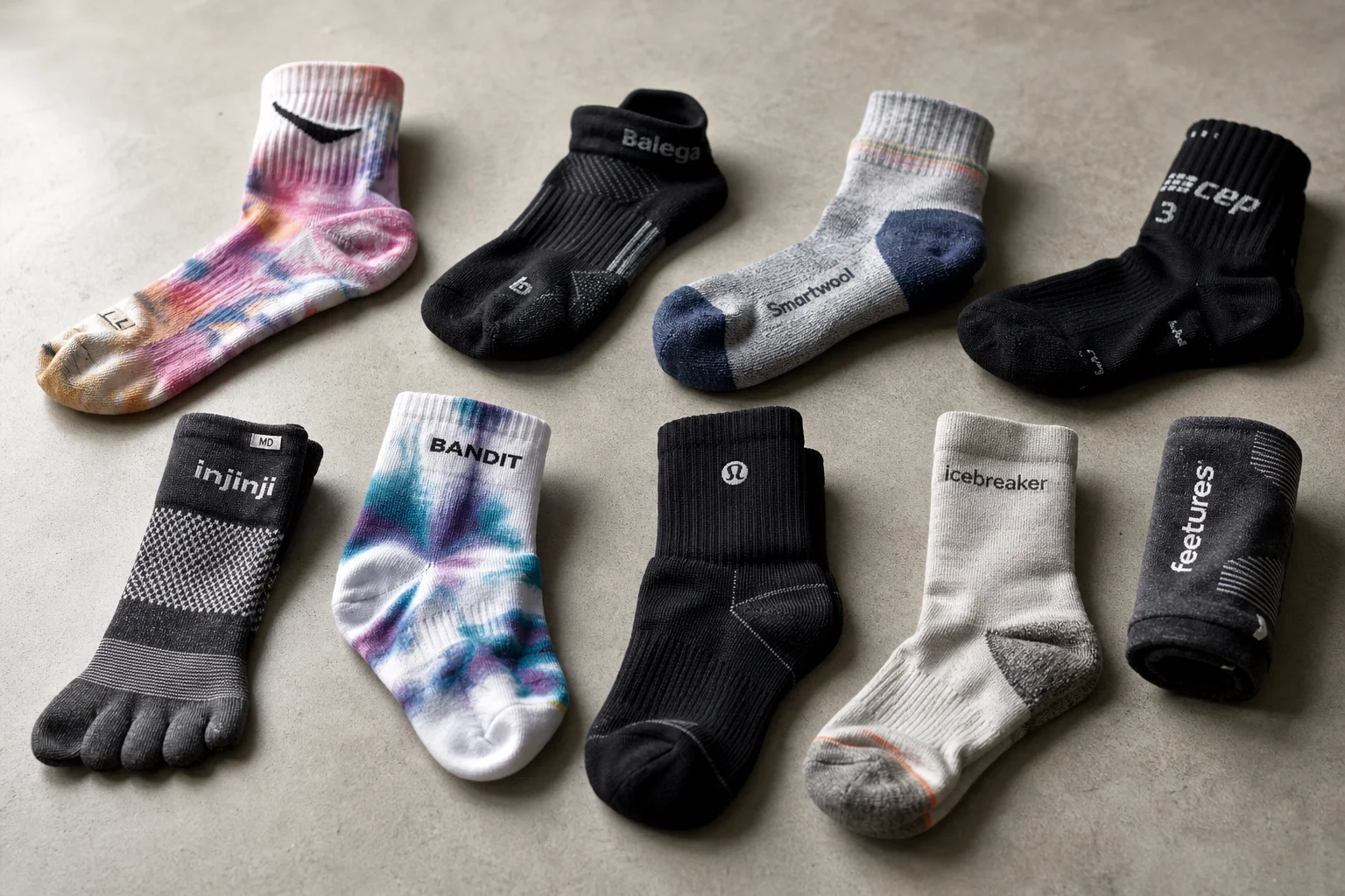 Collection of running socks in various colors and styles arranged on concrete surface