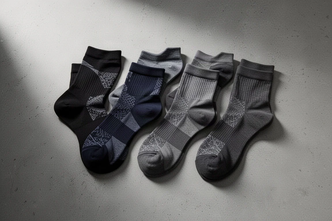 Flat-lay of six pairs of running socks on a concrete surface
