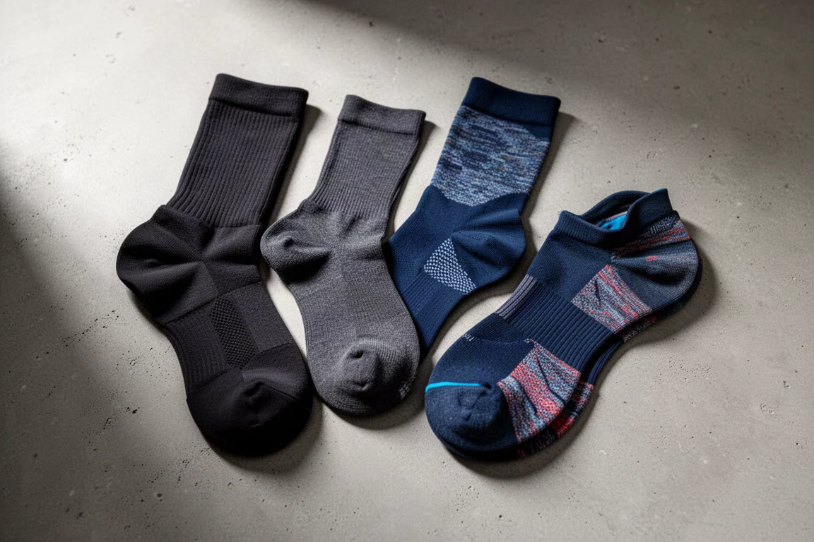 Flat-lay of assorted running socks on a concrete surface