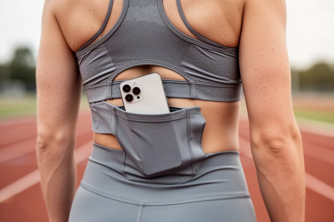 Handy in der Rückentasche eines Crop-Top-Lauf-BHs verstaut