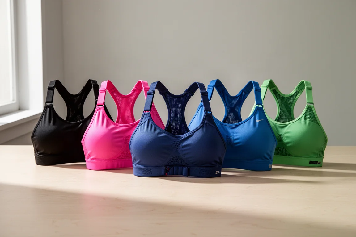 Seven running sports bras in various colours arranged on a light wooden surface