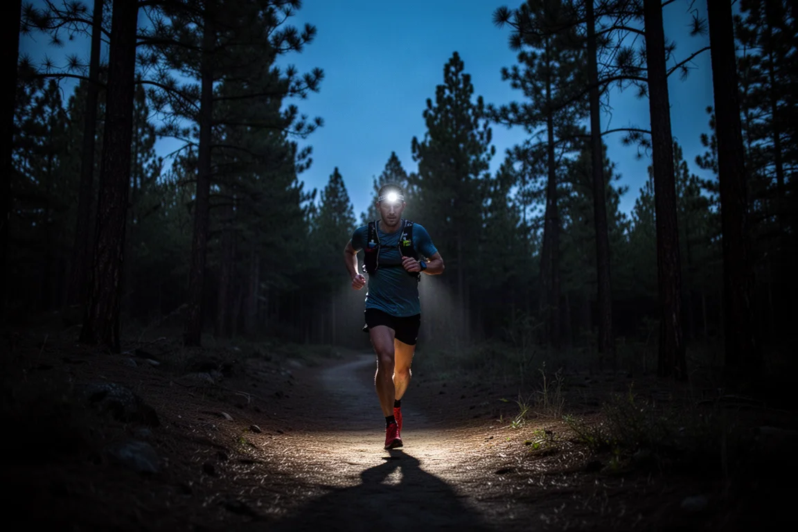 Trail runner con una frontale su un sentiero forestale buio
