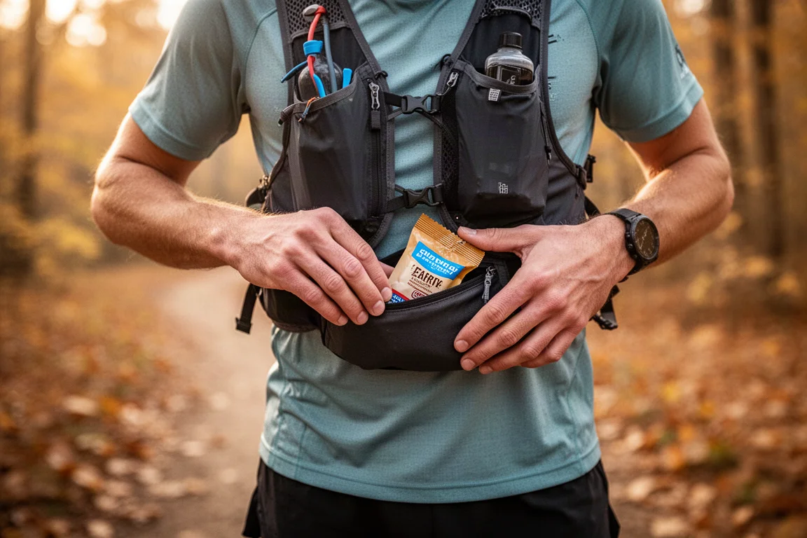 Le mani di un runner che si infilano nella tasca di uno zaino idrico su un sentiero