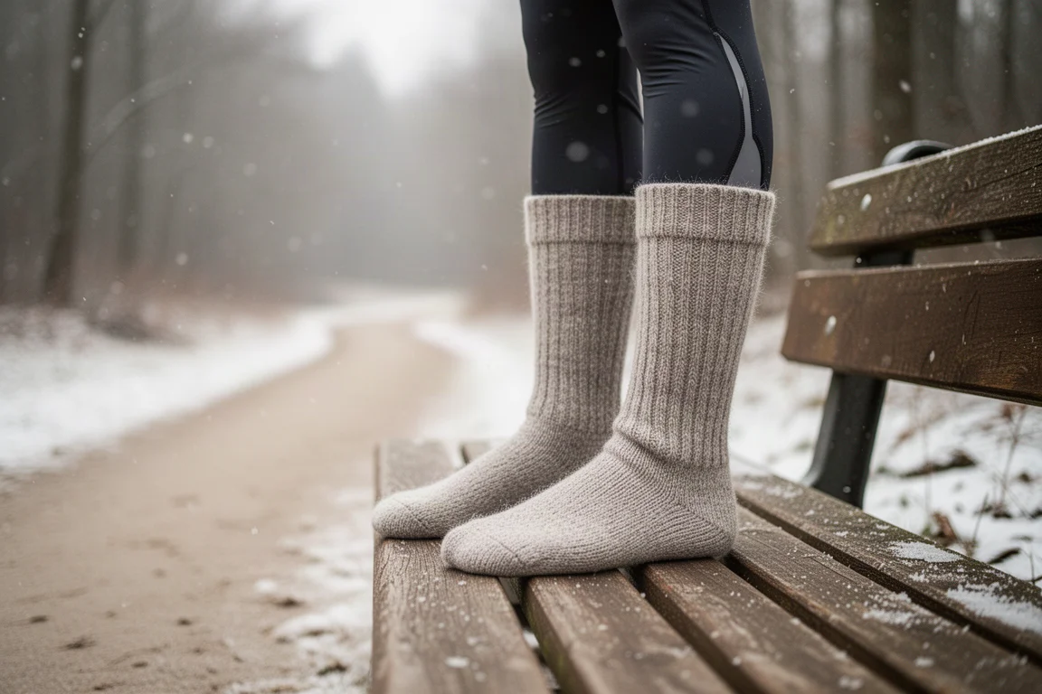 Calze lunghe di lana per la corsa appoggiate su un panche sopra i collant da running