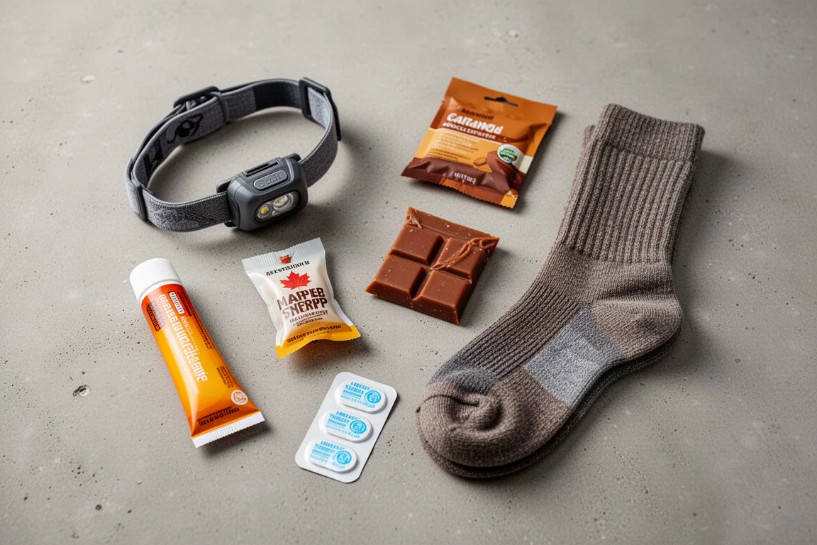 Collection of small running gifts including headlamp, socks, and energy products on concrete