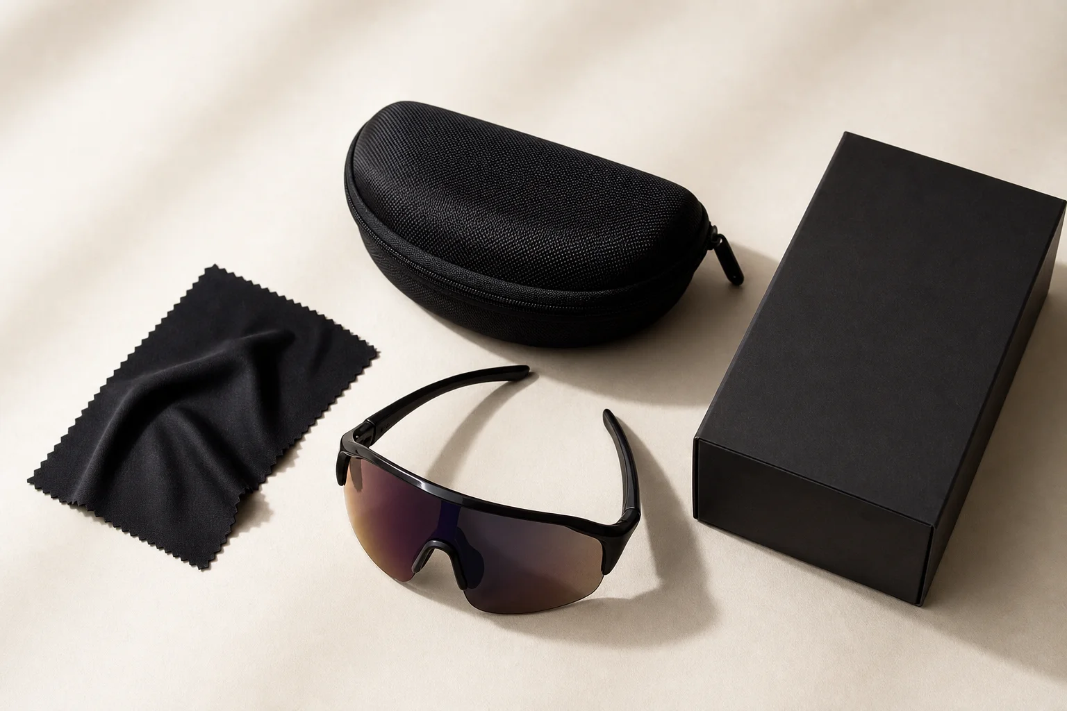 Flachgelegte Sonnenbrille mit Schutzetui und Reinigungstuch