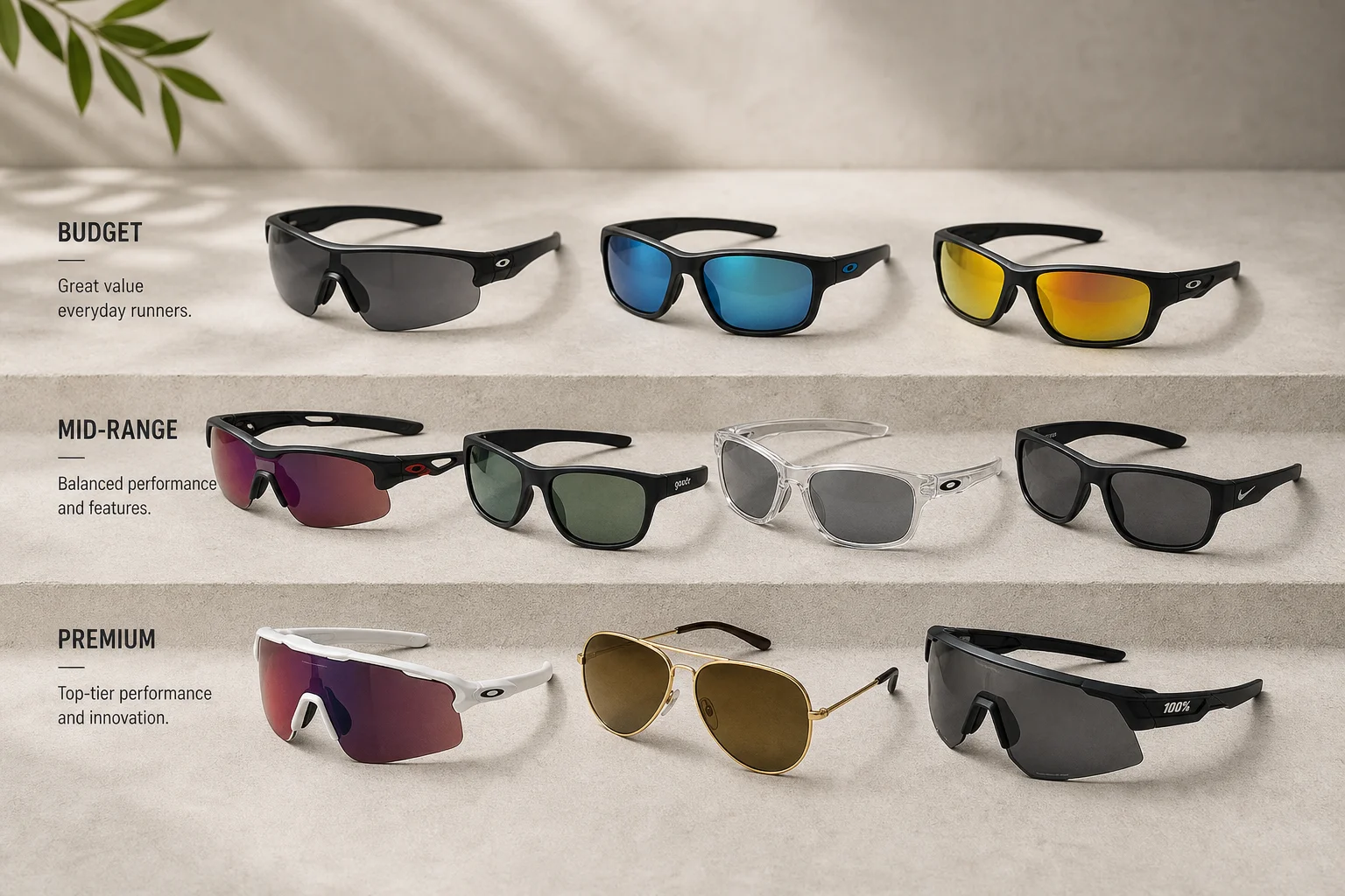 Collection of ten running sunglasses in various styles and price categories arranged on concrete