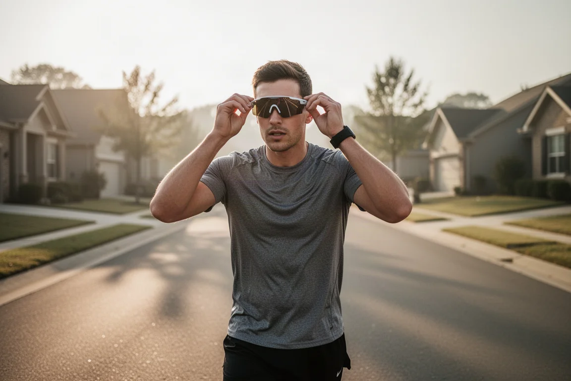 Läufer stellt seine Sonnenbrille ein, bevor er sich auf einen sonnigen Straßenlauf begibt