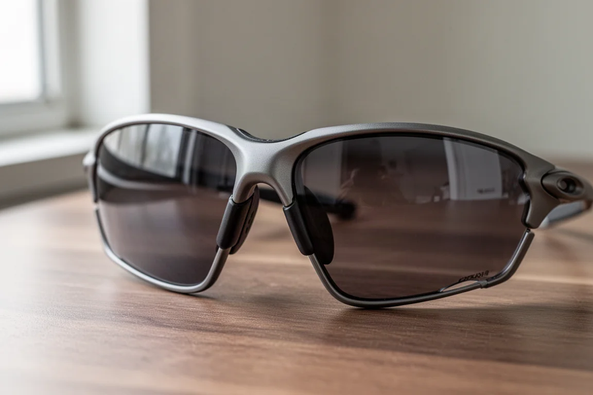 Nahaufnahme eines Nasenstegs und eines Bügels einer Laufsonnenbrille auf einer Holzoberfläche